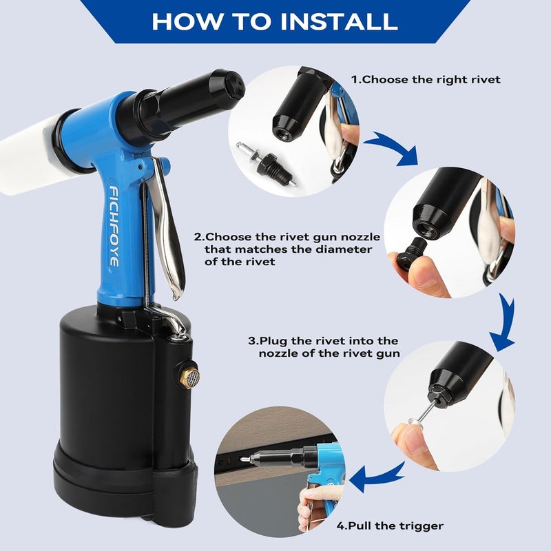 FICHFOYE Store Heavy Duty Pneumatic Rivet Gun, 4000LBF Air Rivet Gun Set- 3/32", 1/8", 5/32", 3/16", 1/4" Riveter with NPT 1/4 inch for Automotive, Construction, Manufacturing Industries - Image 5